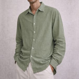 Lans Relaxed Point Collar Shirt in Olive Green front view