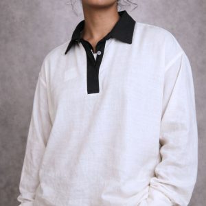 Lans  Oversized Retro-2026  Dual-Tone Linen Woman's Long Sleeve Shirt- Off White ( XS to 4XL )