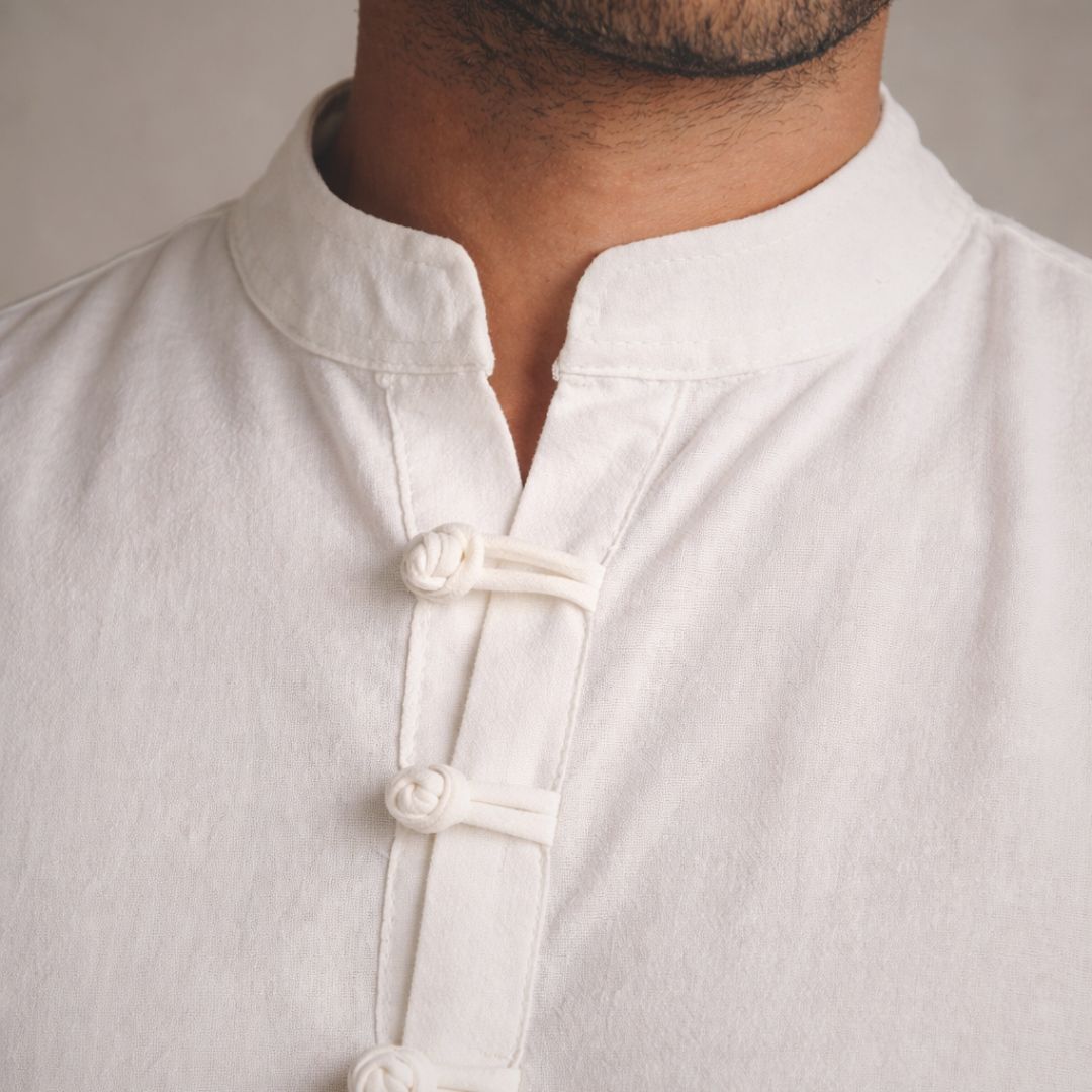 Man wearing breathable classic loopline shirt everyday comfort made in Sri Lanka Lans Relaxed Classic Washed Cotton Loopline Shirt front view mandarin collar