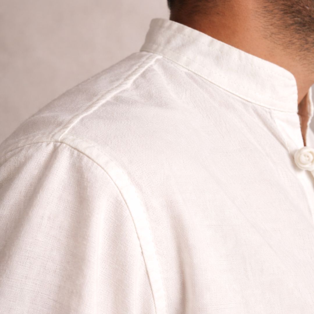 Man wearing breathable classic loopline shirt everyday comfort made in Sri Lanka Lans Relaxed Classic Washed Cotton Loopline Shirt front view mandarin collar