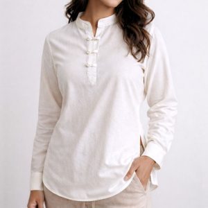 Lans Relaxed Classic Washed Cotton Loopline Shirt front view mandarin collar