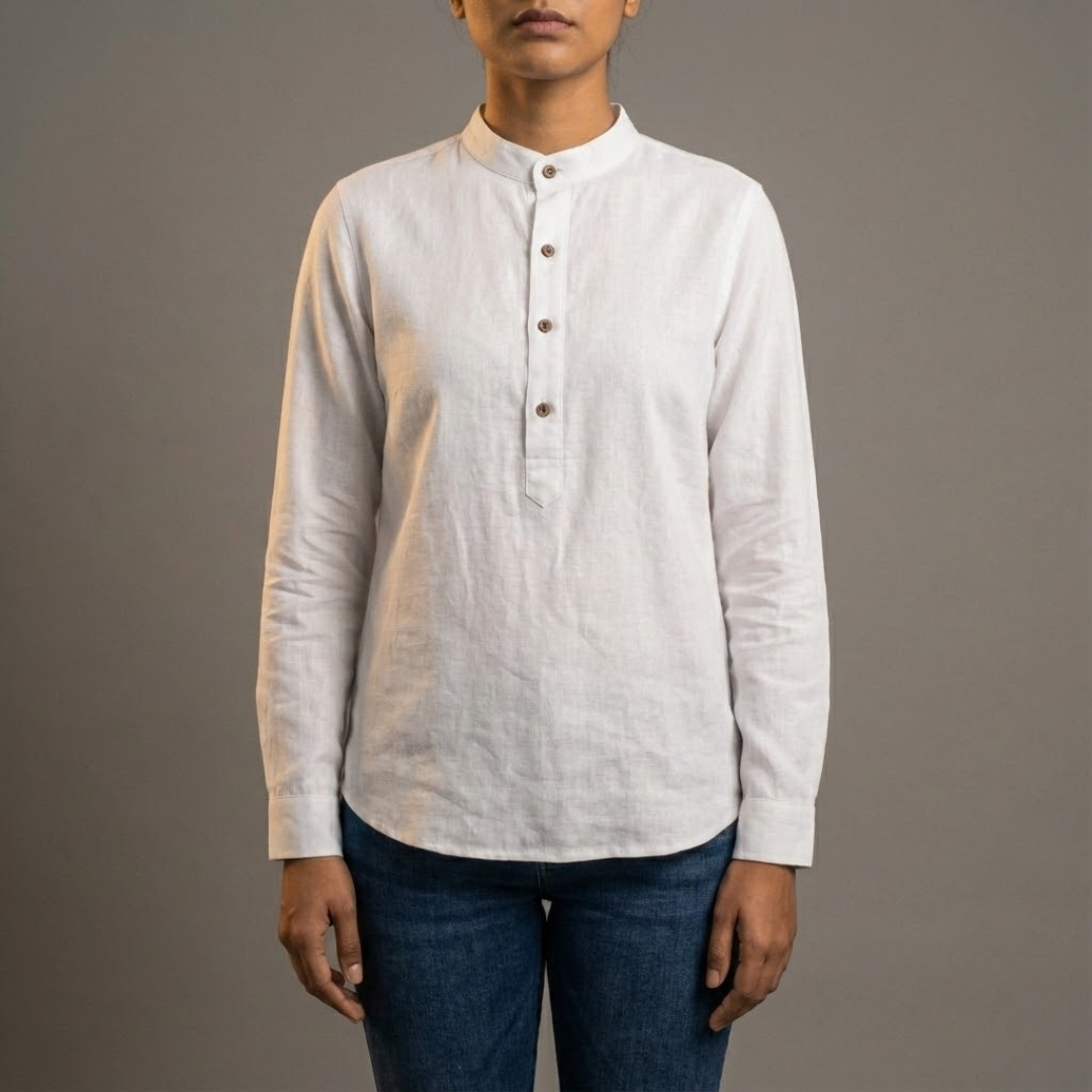 Close up of soft breathable cotton fabric texture in rich coffee brown Lans Oversized Nomad Resort Linen Kurtha front view longline Woman shirt