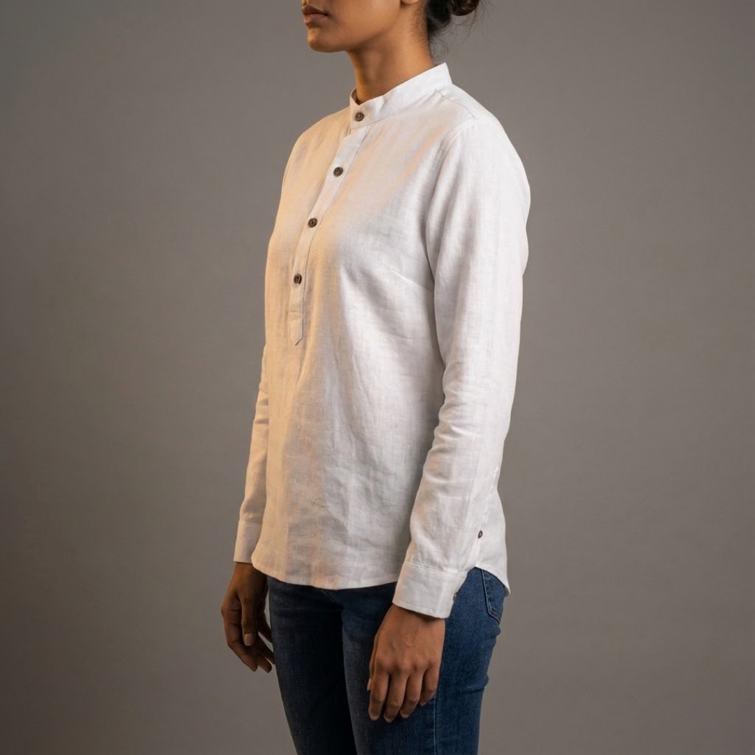 Close up of soft breathable cotton fabric texture in rich coffee brown Lans Oversized Nomad Resort Linen Kurtha front view longline Woman shirt