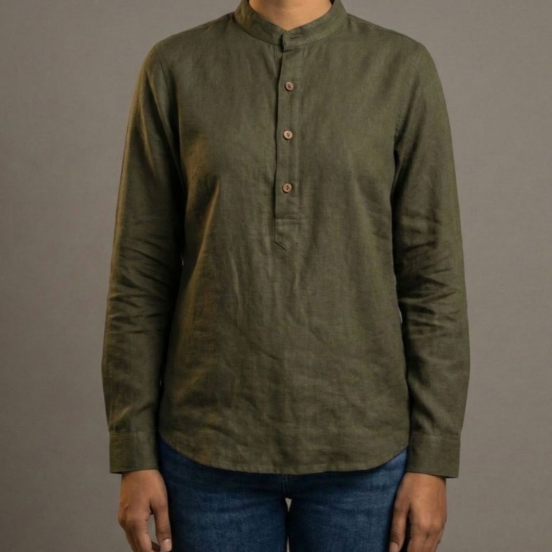 Close up of soft breathable cotton fabric texture in rich coffee brown Lans Oversized Nomad Resort Linen Kurtha front view longline Woman shirt