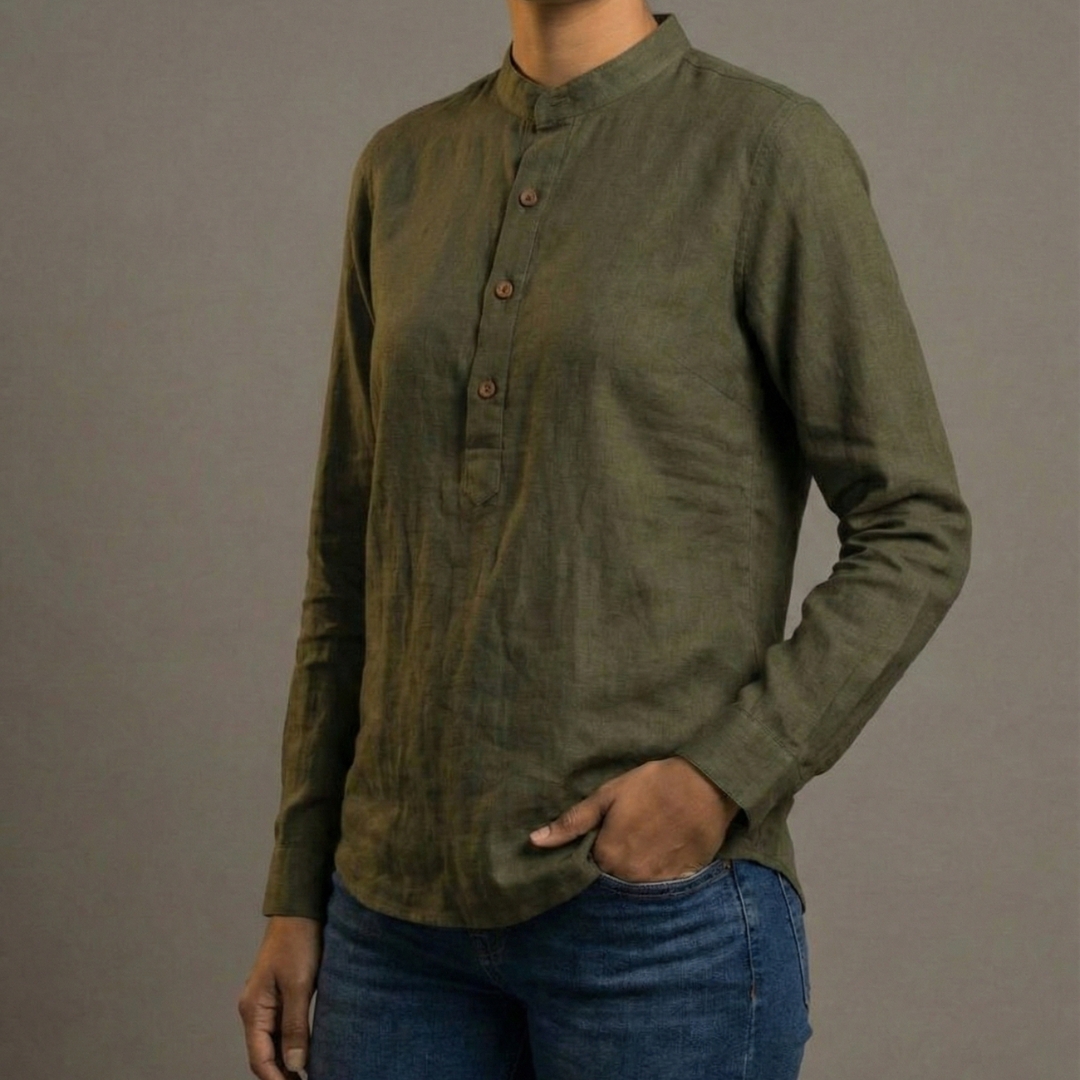 Close up of soft breathable cotton fabric texture in rich coffee brown Lans Oversized Nomad Resort Linen Kurtha front view longline Woman shirt