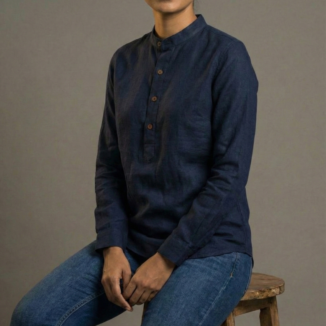 Close up of soft breathable cotton fabric texture in rich coffee brown Lans Oversized Nomad Resort Linen Kurtha front view longline Woman shirt