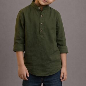 Lans Relaxed Nomad Resort  Dark Green Linen Kurtha – Kids’ Shirt (XS–4XL)