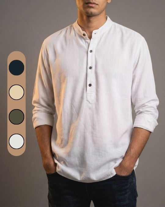 Relaxed cotton mandarin collar long sleeve shirt for men, made in Sri Lanka, breathable cotton fabric, casual resort style