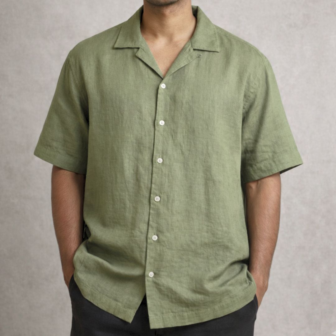 Lans Oversized Olive Green Cuban Short Sleeve Men’s Shirt Lans Oversized Olive Green Short Sleeve Shirt front view bold color
