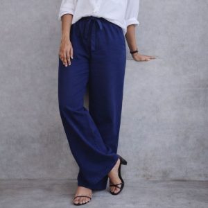 Lans Oversized Washed Cotton Navy blue Long Pant - Woman (XS–4XL)