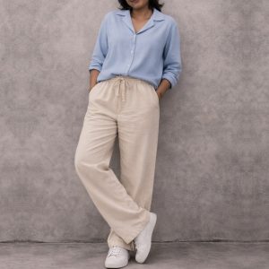 Lans Full Outfit Sky Blue Relaxed Shirt and Light Beige Pant front view