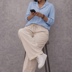 Lans Full Outfit Sky Blue Relaxed Shirt and Light Beige Pant front view