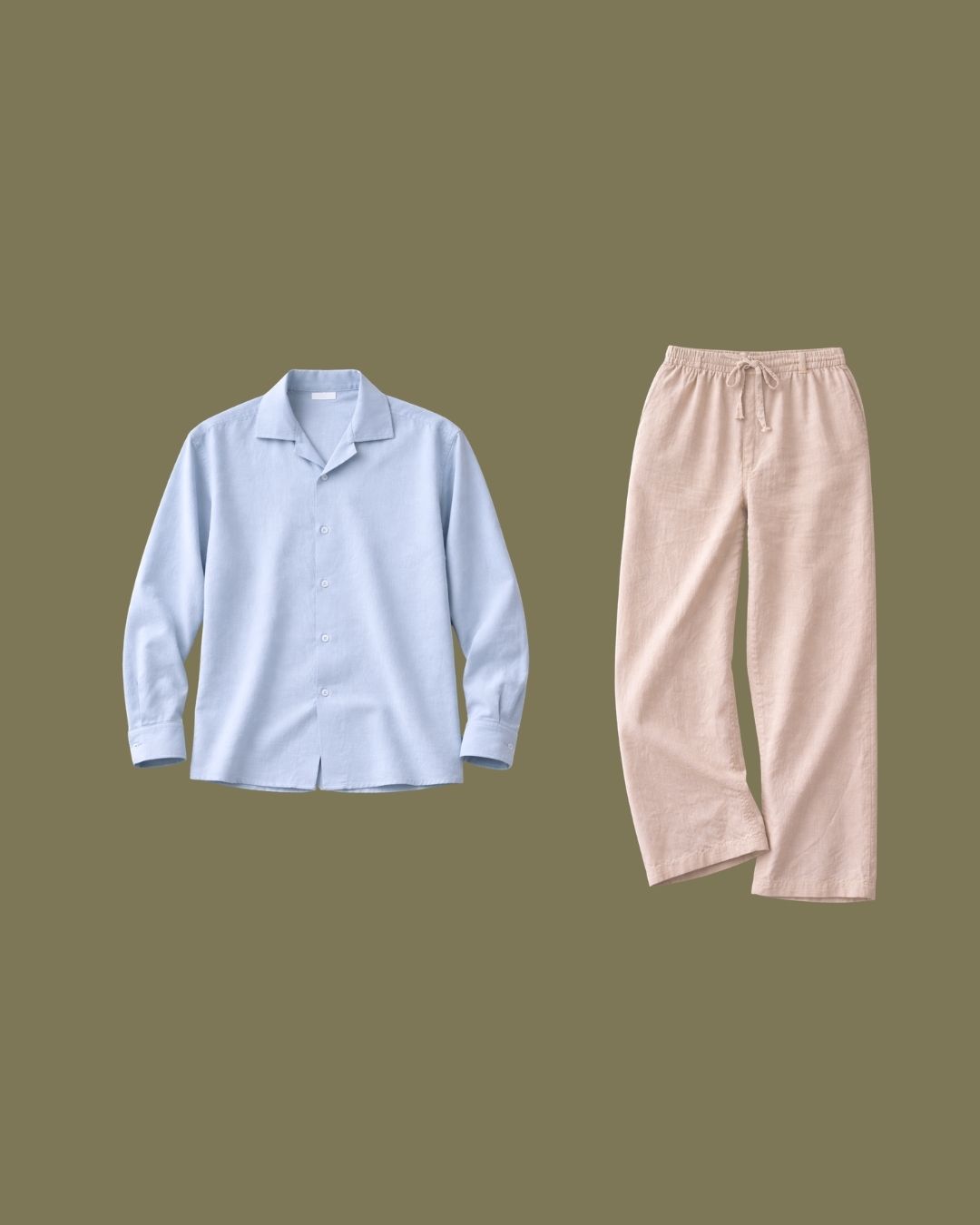 Oversized Washed Cotton Light Beige Long Pant & Sky Blue Relaxed Shirt Lans Full Outfit Sky Blue Relaxed Shirt and Light Beige Pant front view