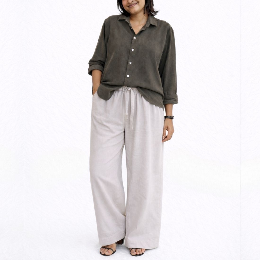Lans Oversized Soft Grey Long Pant & Charcoal Olive Pointed Shirt – Woman