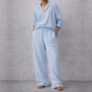 Lans Oversized Sky Blue Long Sleeve Shirt & Long Pant - Woman (XS to 4XL)