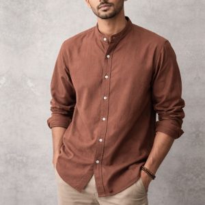 Lans Relaxed Mandarin Washed Cotton Mandarin   Long Sleeve Button Down Shirt -  ( XS to 4XL )