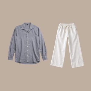 Lans Full Outfit Oversized Ash Cuban Collar Shirt and Off-White Pant front view