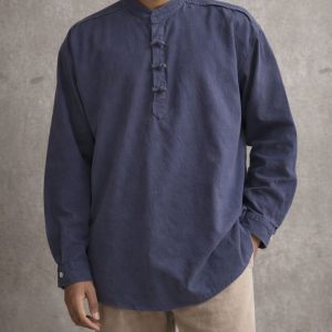 Lans Oversized Mandarin Loopline Shirt in Dark Blue front view