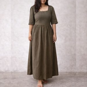 Charcoal olive cotton midi dress for women with square neckline and gathered waist – made to measure Sri Lanka