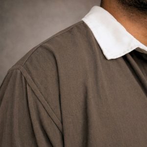 MALE MODEL WEARING OVERSIZED COTTON SHIRT PATCHED CHARCOAL OLIVE SRI LANKA