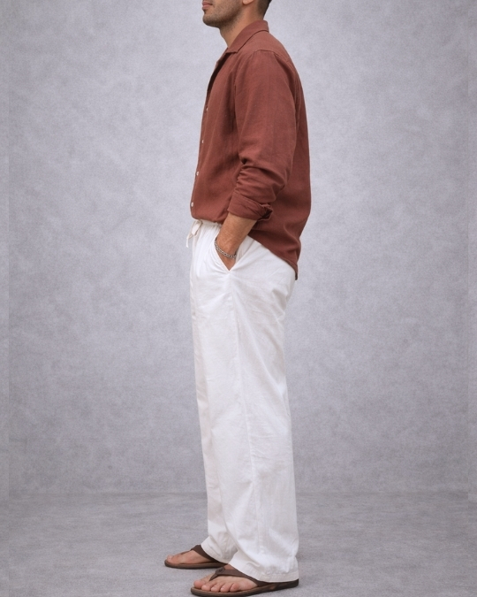 RELAXED CUBAN COLLAR LONG SLEEVE SHIRT COFFEE BROWN AND OVERSIZED COTTON LONG PANT RELAXED CUBAN COLLAR LONG SLEEVE SHIRT COFFEE BROWN AND OVERSIZED COTTON LONG PANT