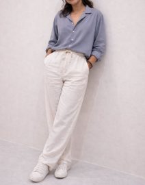 Lans Oversized Grey Cuban Long Sleeve Shirt & Off White Linen Long Pant - Woman (XS to 4XL)