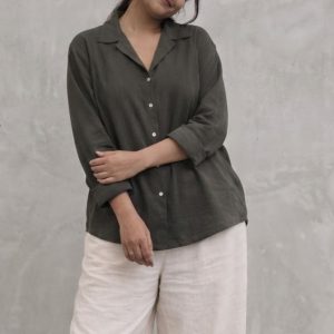 Lans Oversized Long Sleeve Cuban Collar Charcoal Olive Shirt – Women (XS to 4XL)