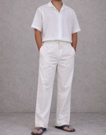 Lans Oversized Cuban Collar  Blend  Cotton Short Sleeve Shirt & Long Pant - Off White  (XS to 4XL)