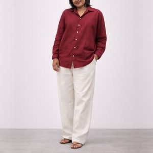 Lans Full Outfit Oversized Maroon Cuban Shirt and Coastline Off-White Pant front view