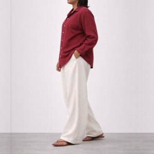 Lans Full Outfit Oversized Maroon Cuban Shirt and Coastline Off-White Pant front view