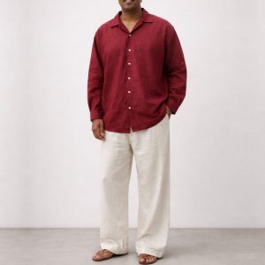 Lans Full Outfit Oversized Maroon Cuban Shirt and Coastline Off-White Pant front view