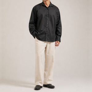 Lans Oversized Pointed Collar Black Blended Cotton Shirt