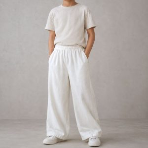 A women’s oversized off-white long pant