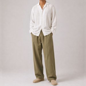 LANS Linen Oversized Long Sleeve Off-White Shirt and Cotton Oversized Olive Green Long Pant  Set Outfit- Mens (XS to 4XL)