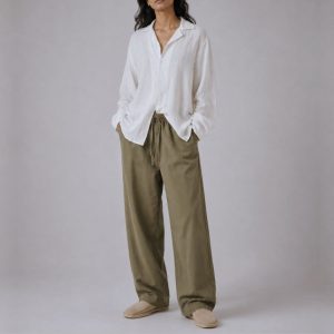 LANS Linen Oversized Long Sleeve Off-White Shirt and Cotton Oversized Olive Green Long Pant  Set Outfit - Woman (XS to 4XL)