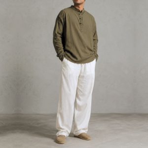 Lans Men’s Oversized Washed Cotton Loopline Shirt & Long Pant Set