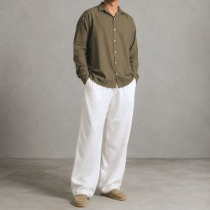 Lans Men’s Oversized Washed Cotton Cuban Long Sleeve Shirt & Long Pant Set