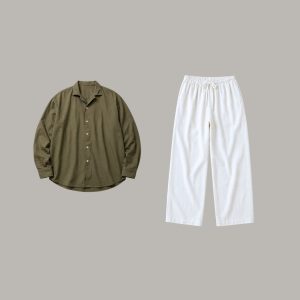 Lans Men’s Oversized Washed Cotton Cuban Long Sleeve Shirt & Long Pant Set
