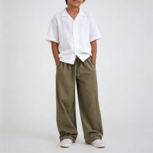 Lans Off White Short Sleeve Shirt & Olive Green Pant Kids Full Outfit