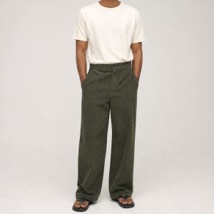 Dark olive green oversized corduroy Aldo pant with structured waistband, front button closure, slanted pockets, and straight-leg fit on a clean white flat lay background.