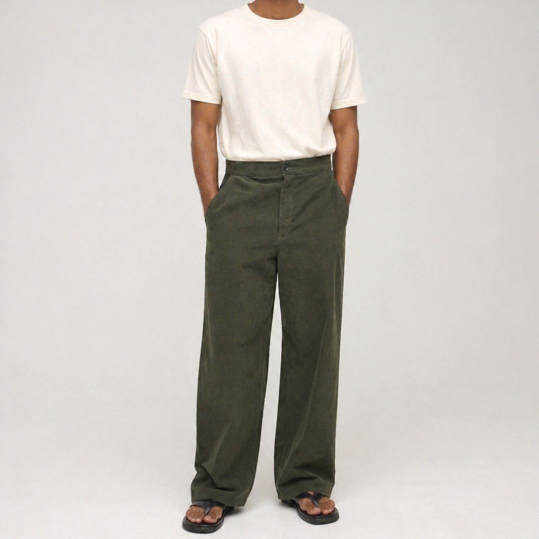 Dark olive green oversized corduroy Aldo pant with structured waistband, front button closure, slanted pockets, and straight-leg fit on a clean white flat lay background.