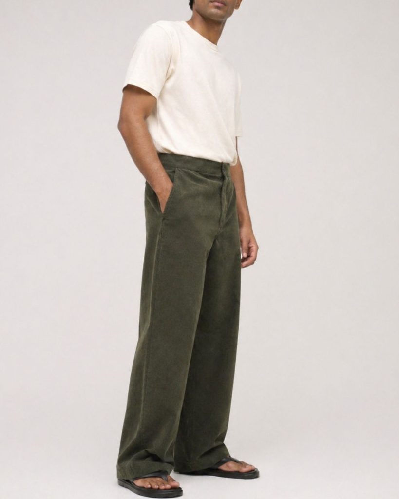 male model wearing dark olive green oversized corduroy Aldo pant with an off-white t-shirt on a plain studio background.