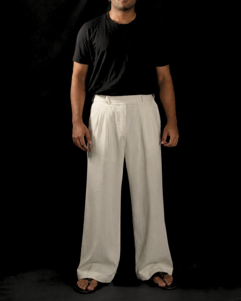 Lans oversized bespoke washed cotton pant in off white with clean front waistband and wide-leg fit