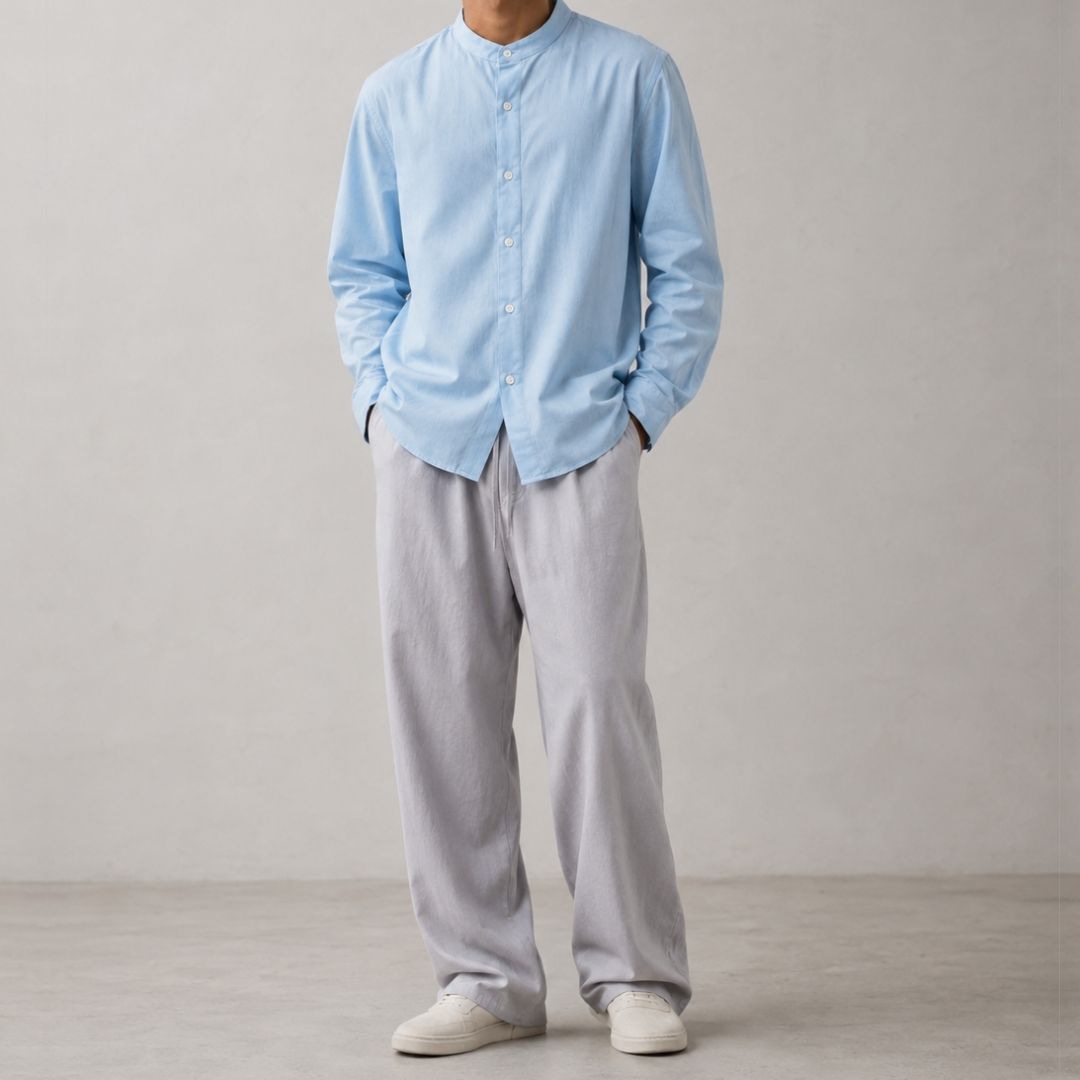 Lans Silver Shore Relaxed Sky Blue Button Down Shirt & Soft Gray Oversized Pant Outfit