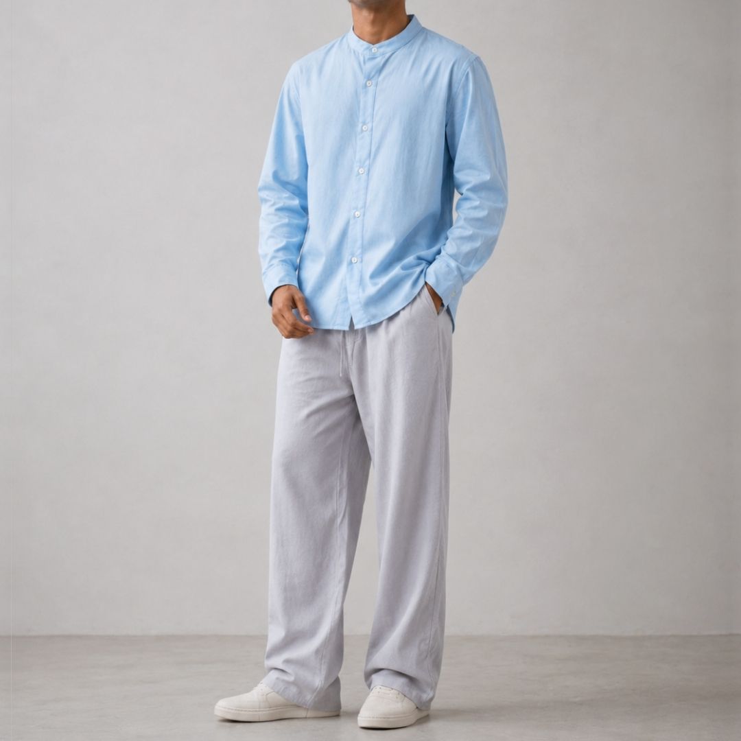 Lans Silver Shore Relaxed Sky Blue Button Down Shirt & Soft Gray Oversized Pant Outfit