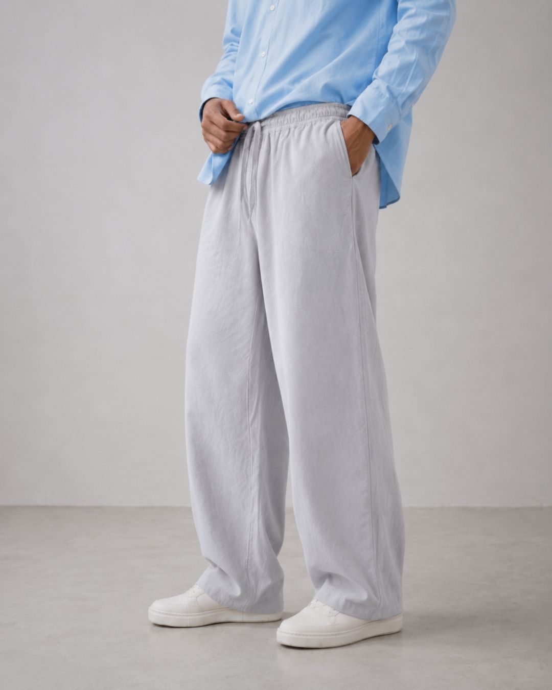 Lans Silver Shore Relaxed Sky Blue Button Down Shirt & Soft Gray Oversized Pant Outfit