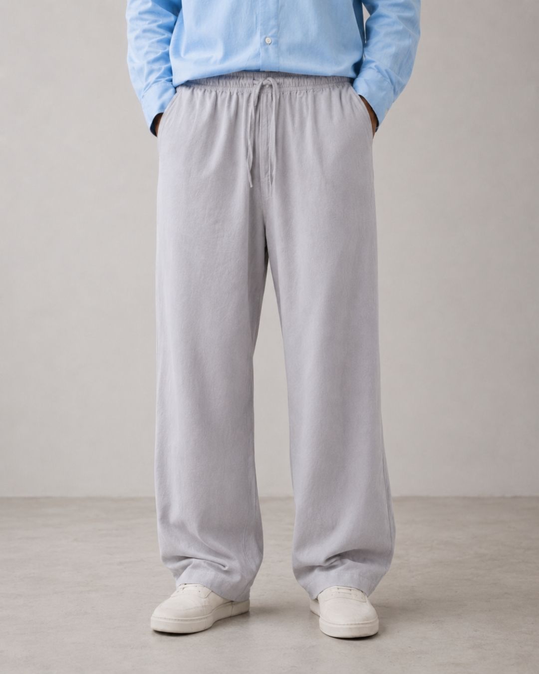 Lans Silver Shore Relaxed Sky Blue Button Down Shirt & Soft Gray Oversized Pant Outfit