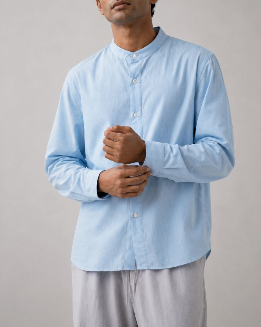 Lans Silver Shore Relaxed Sky Blue Button Down Shirt & Soft Gray Oversized Pant Outfit
